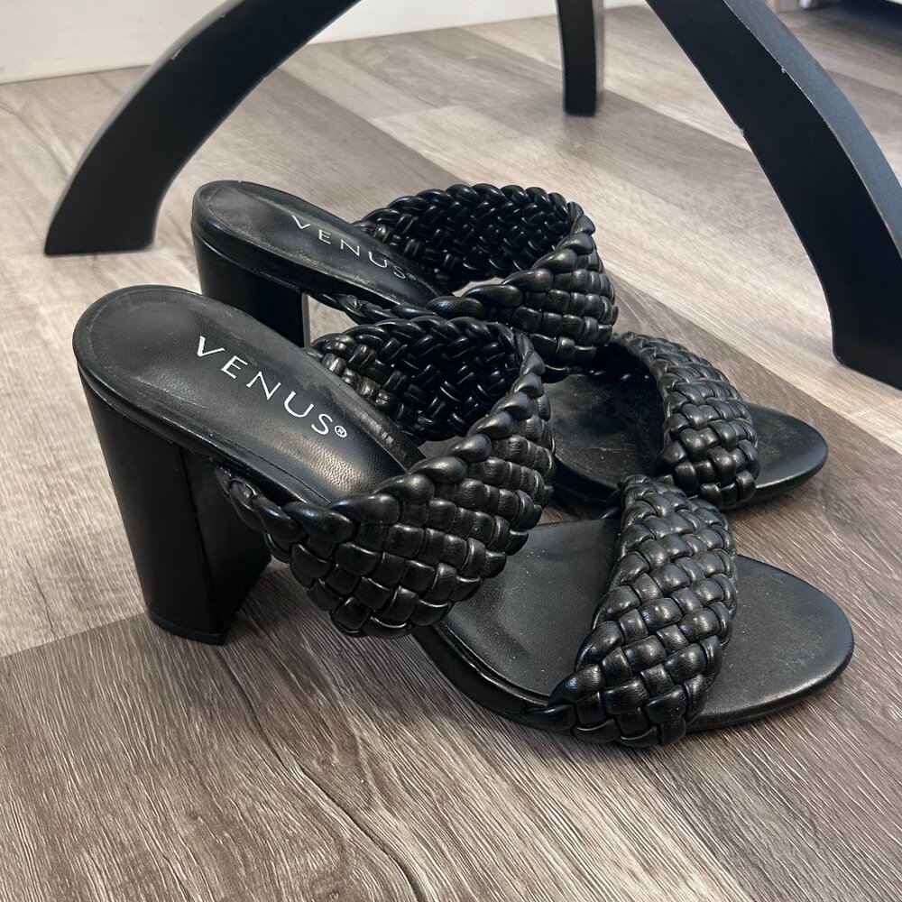 Venus Black Double Strap Braided Heels